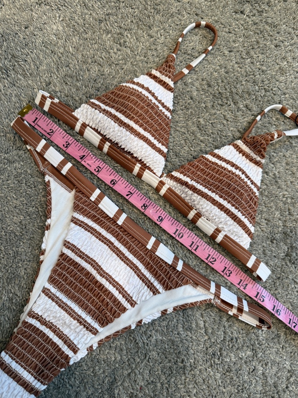 Zaful | NWT Brown and White Striped Smocked Triangle Bikini Top - Picture 2 of 9